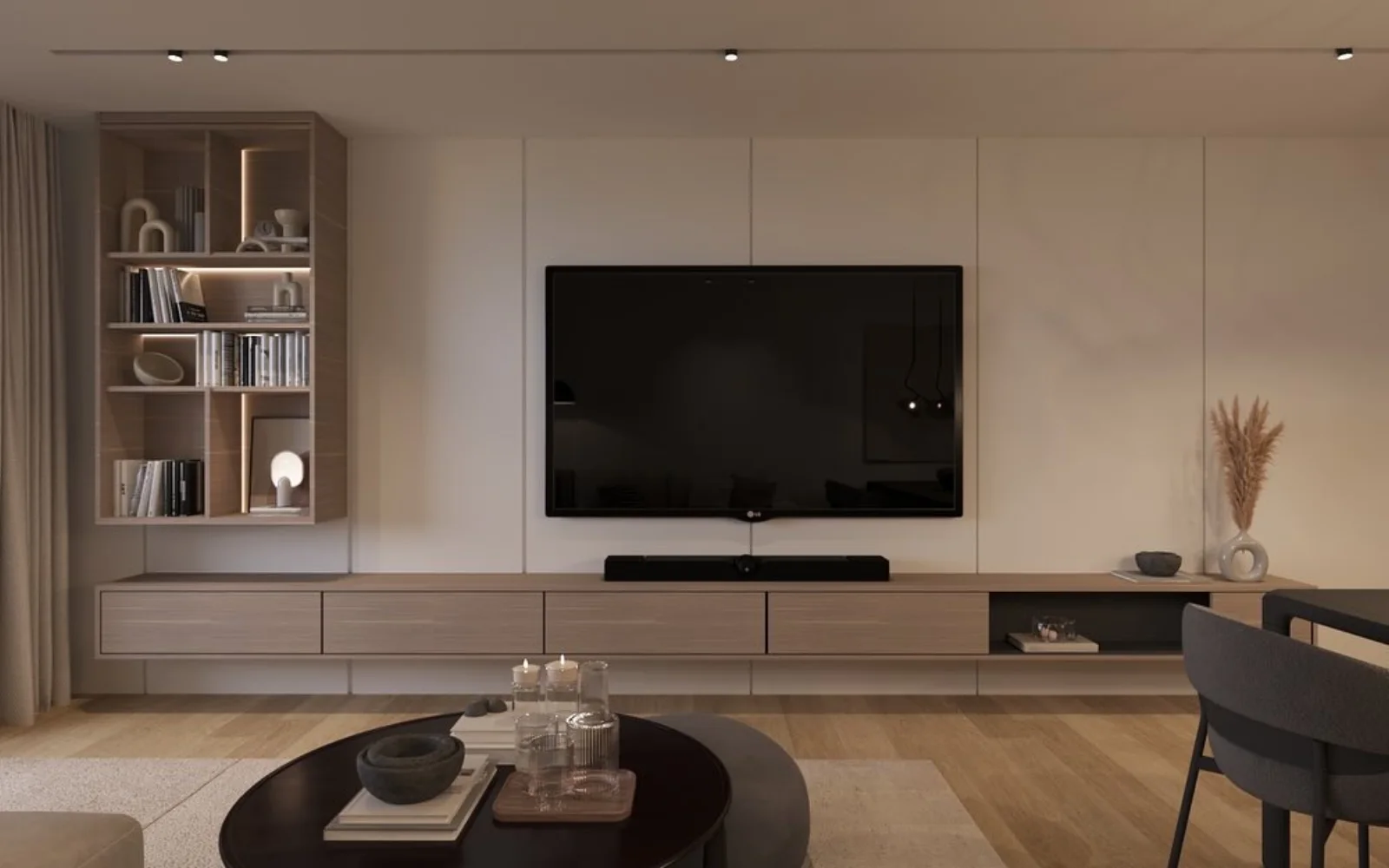 Living-room study for the BE Family Apartment, shared by the studio as a warm, contemporary residential interior.