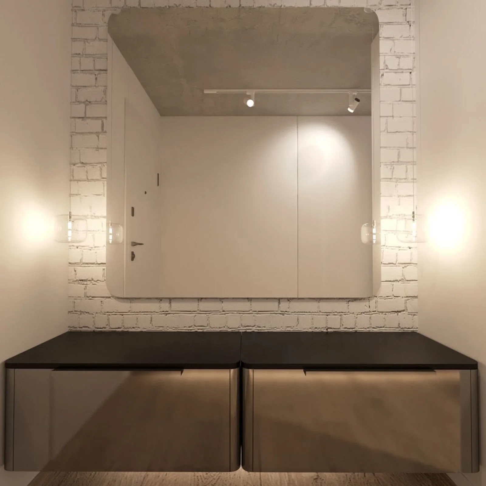 The entrance hall and utility area continue the apartment’s restrained material palette and chrome detailing.