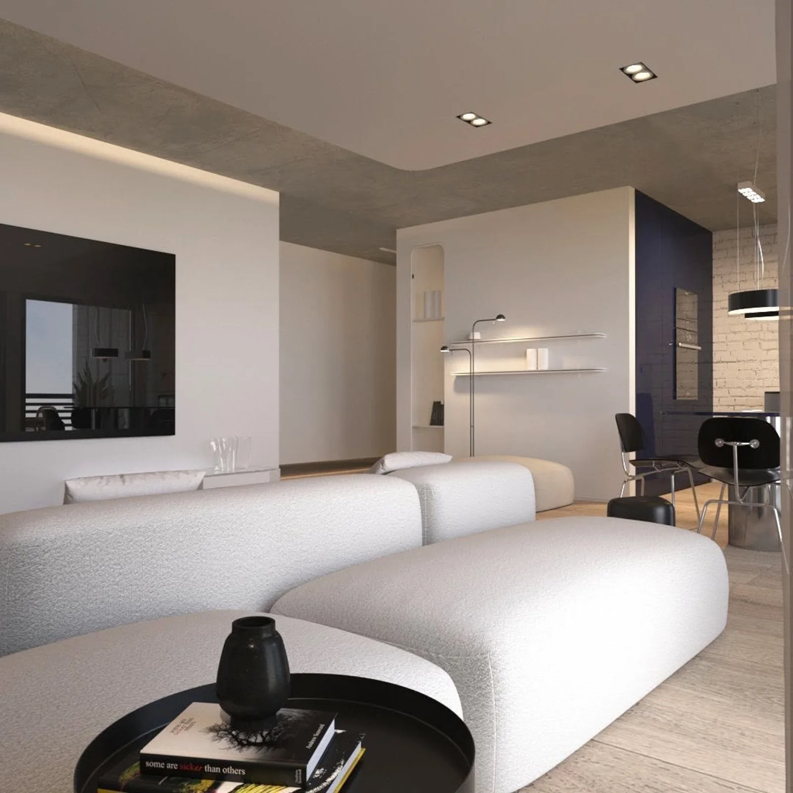 A bright Brussels apartment interior built around white surfaces, reflective details and an open living space.